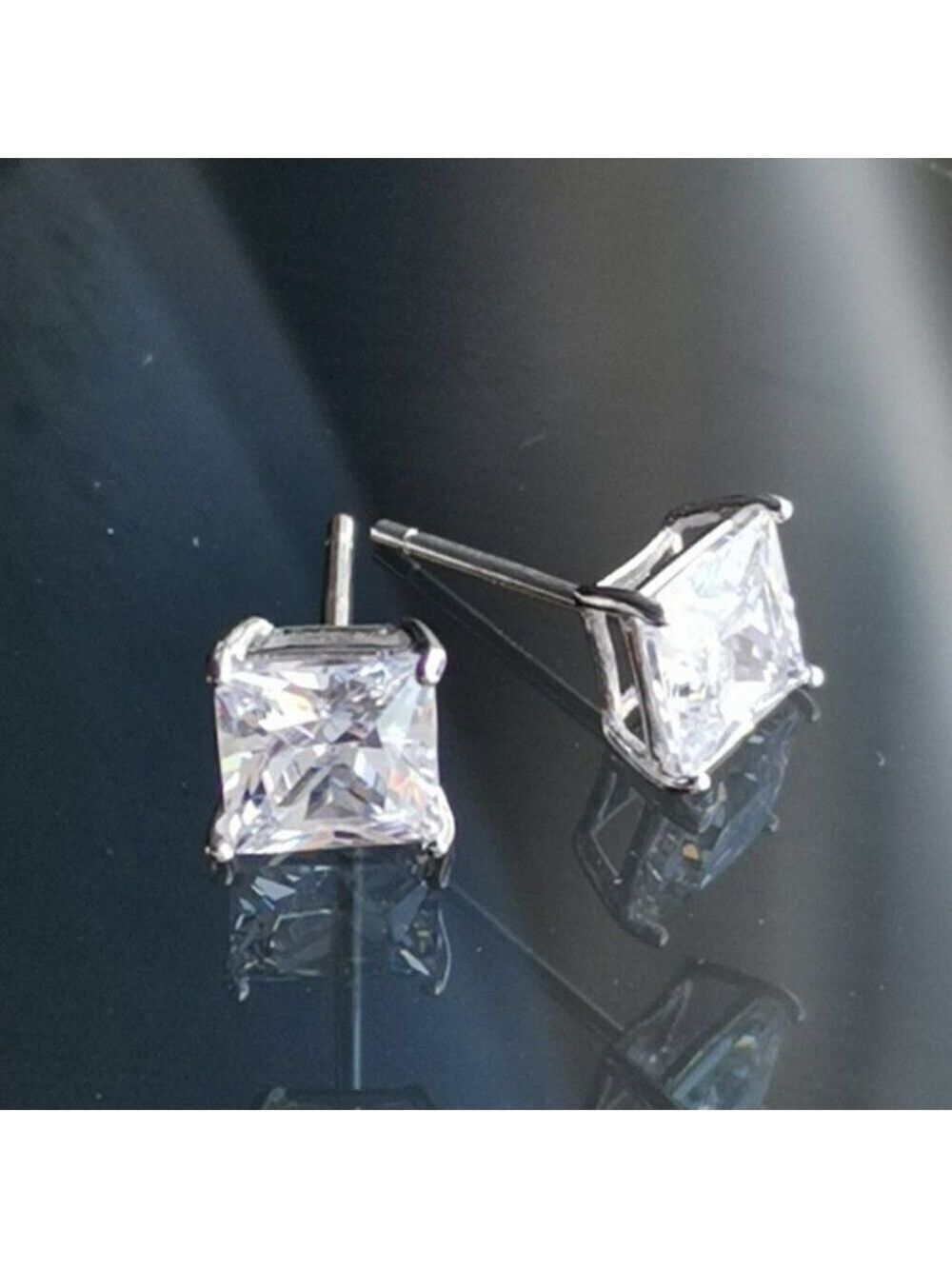 Sterling Silver CZ Emerald Cut Square Stud Earrings